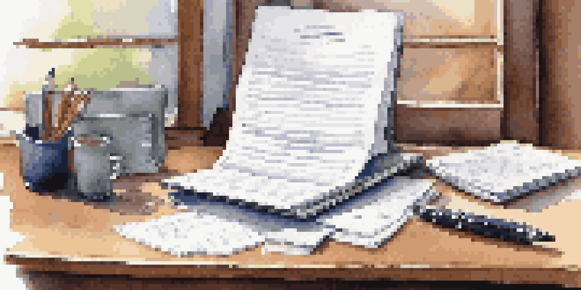 A desk with interview preparation materials including a folder, resumes, a notepad, and a laptop, illuminated by soft natural light.