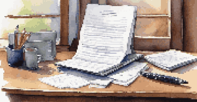 A desk with interview preparation materials including a folder, resumes, a notepad, and a laptop, illuminated by soft natural light.