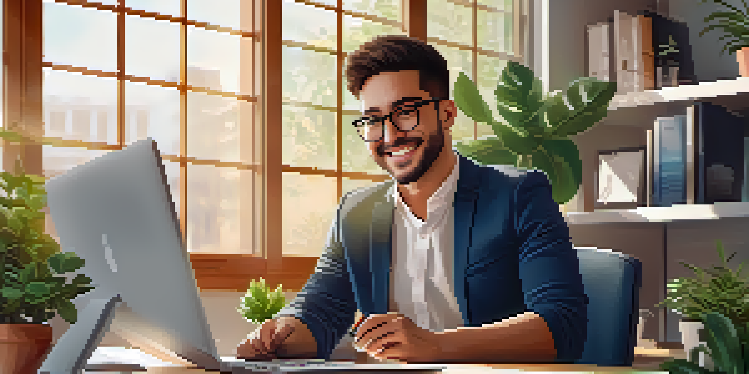 A young professional smiling at a laptop during a video call in a bright office.