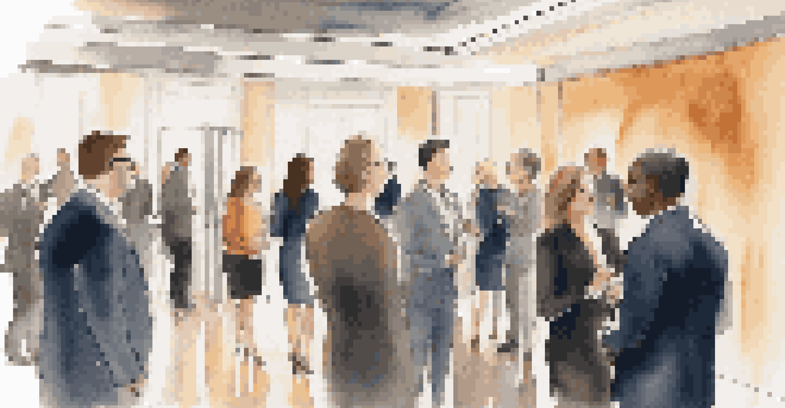 Professionals networking at an event, with one person giving an elevator pitch while others listen.