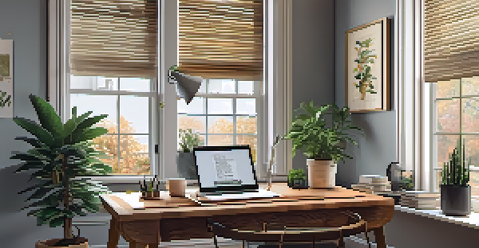 A warm and inviting home office with a wooden desk, laptop, potted plants, and natural light.