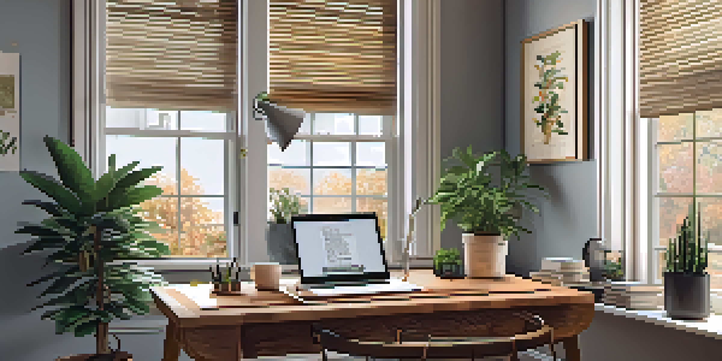 A warm and inviting home office with a wooden desk, laptop, potted plants, and natural light.