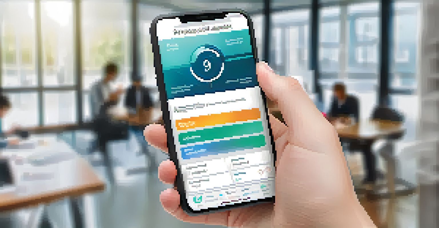 A close-up of a hand holding a smartphone with a skill assessment app, set against a blurred modern office background.