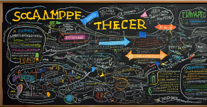 A chalkboard filled with colorful illustrations of the SCAMPER technique and mind maps for problem-solving.