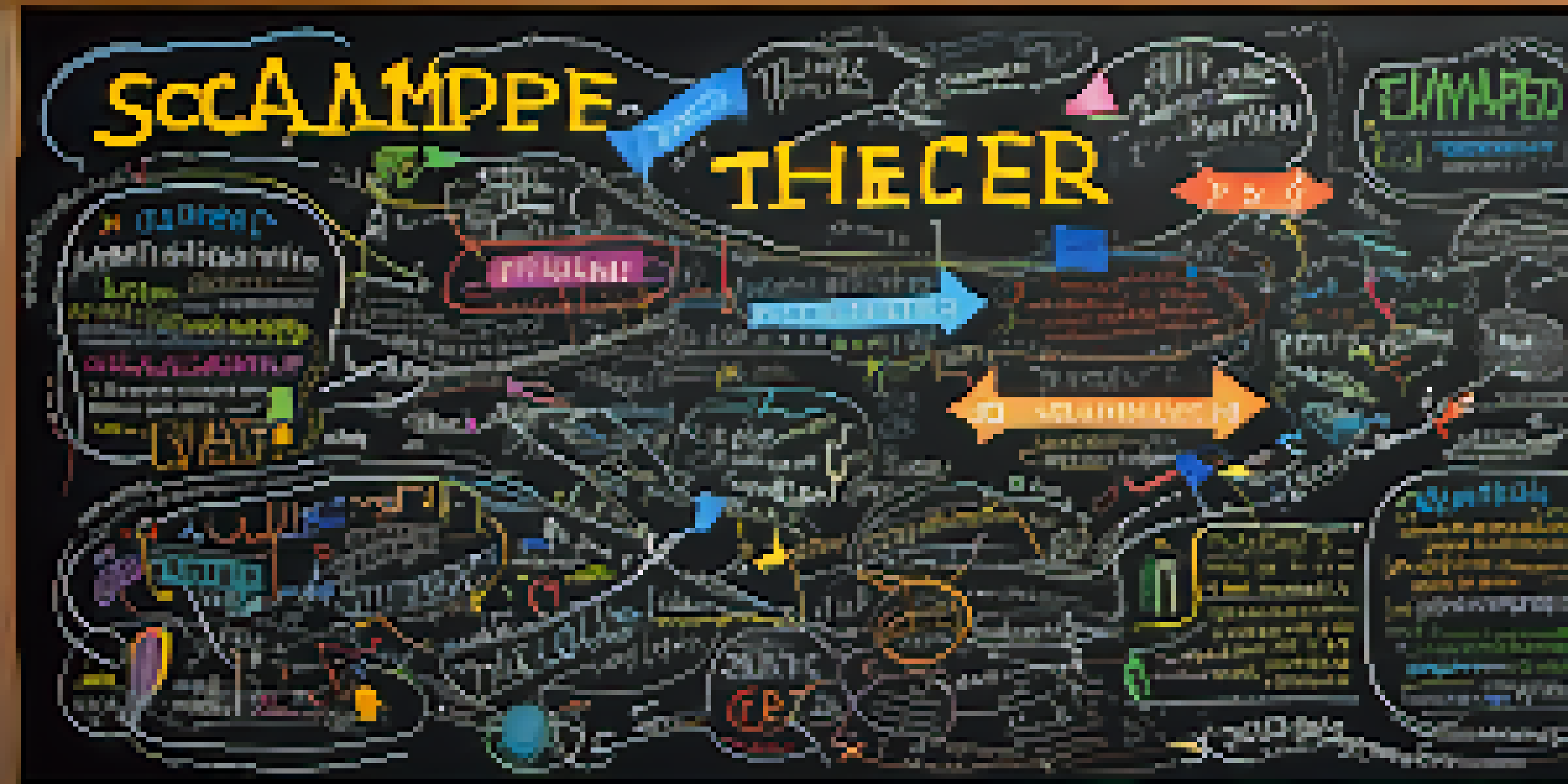 A chalkboard filled with colorful illustrations of the SCAMPER technique and mind maps for problem-solving.