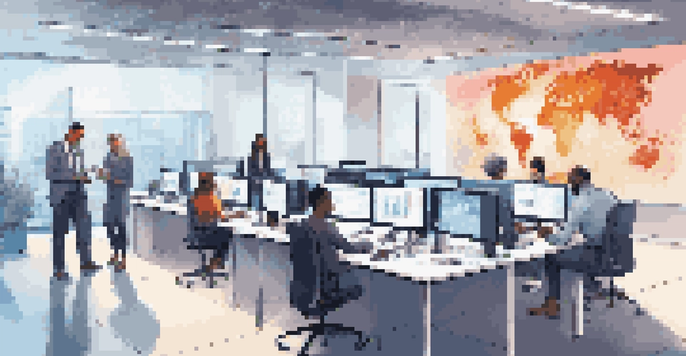 A telecommunications office featuring diverse professionals working together on digital devices, with screens showing network data and AI analytics in a modern and well-lit environment.