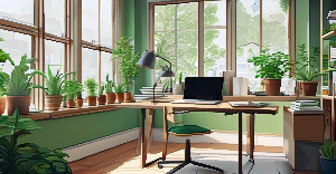 A bright and modern workspace with a desk and laptop, surrounded by books on data science, plants, and a whiteboard with diagrams.