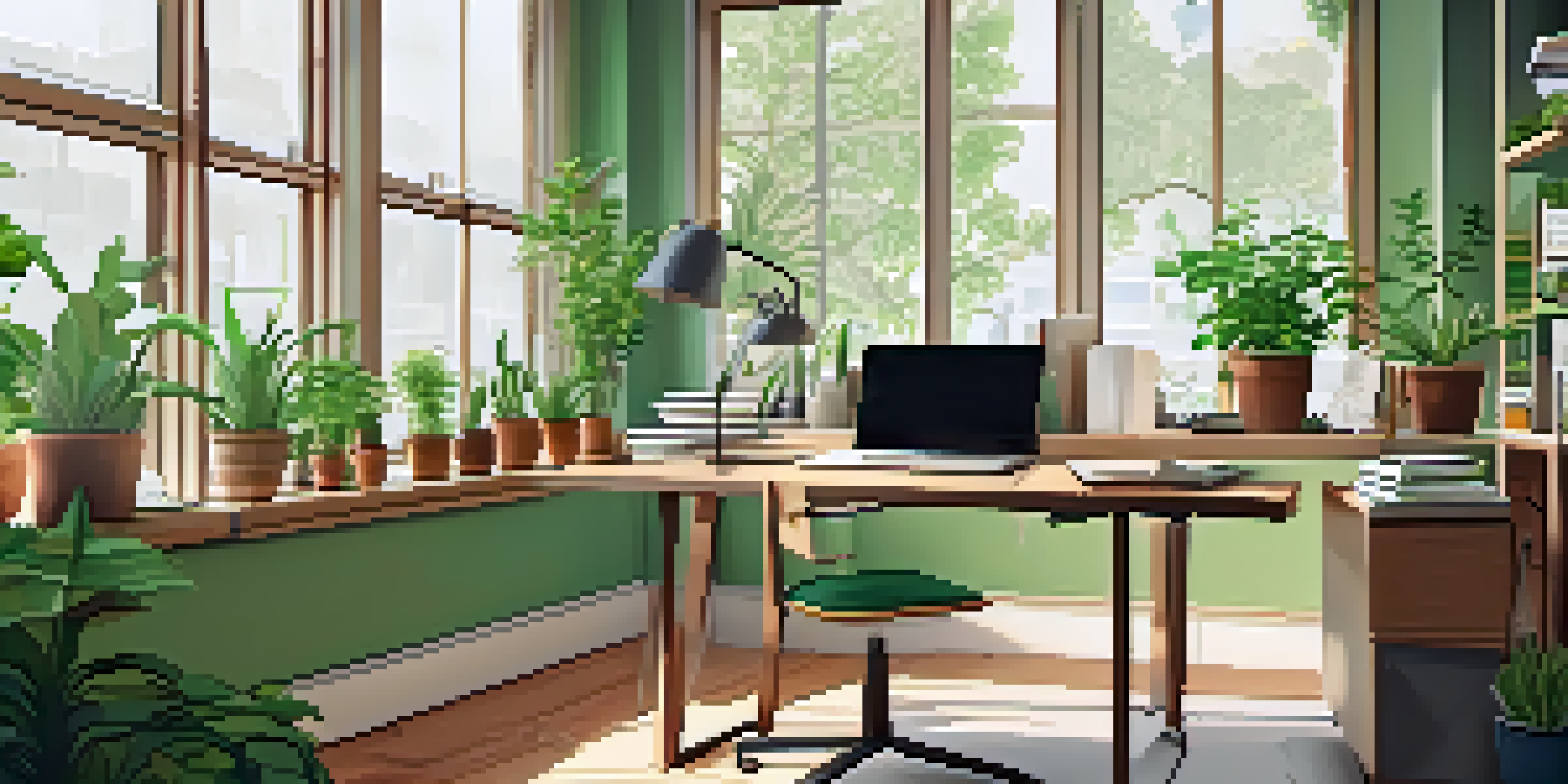 A bright and modern workspace with a desk and laptop, surrounded by books on data science, plants, and a whiteboard with diagrams.