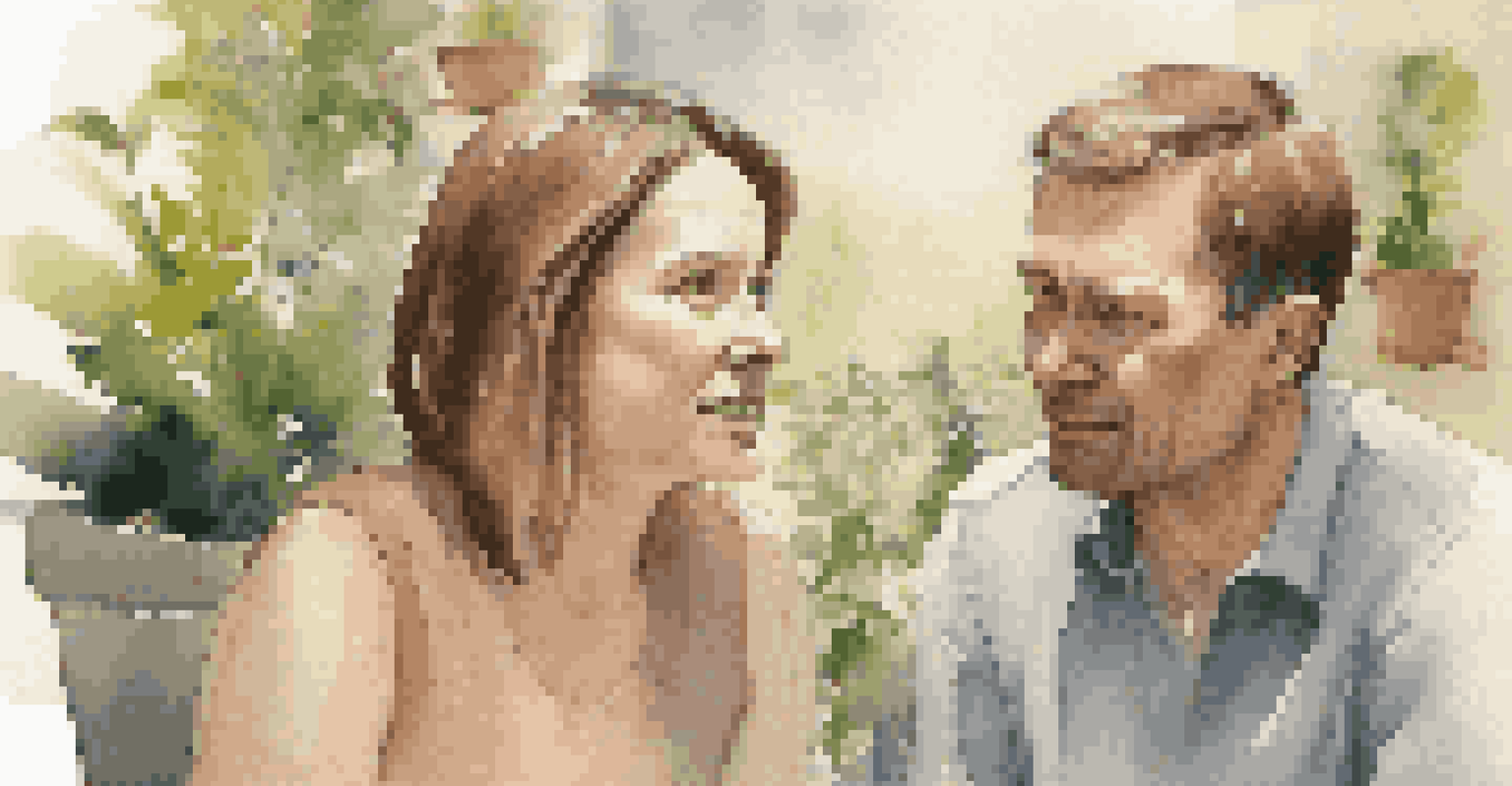 Two individuals having a conversation, showcasing facial expressions and body language in a warm, friendly setting.