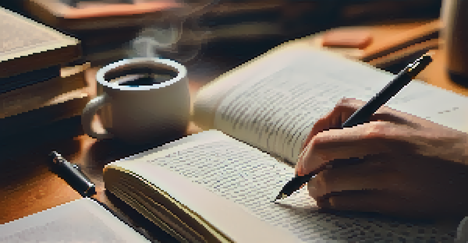 A hand writing in a journal with books and a cup of coffee nearby, creating a cozy learning atmosphere.