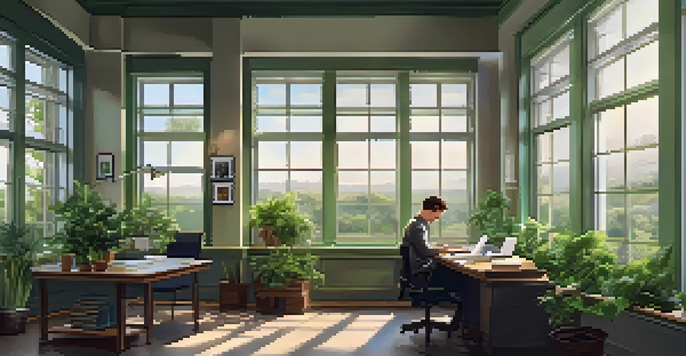 A person sitting at a desk in a bright office, writing in a journal with a cup of coffee and plants around them.