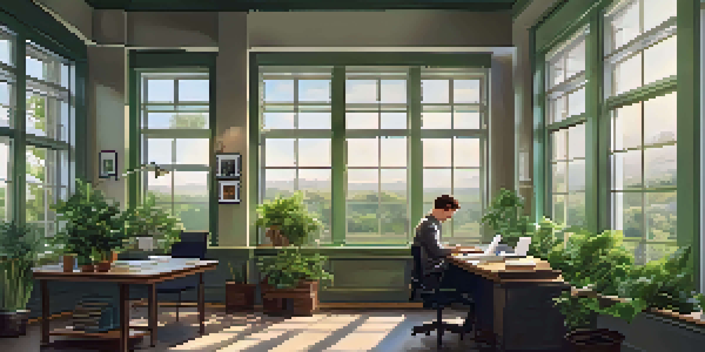 A person sitting at a desk in a bright office, writing in a journal with a cup of coffee and plants around them.