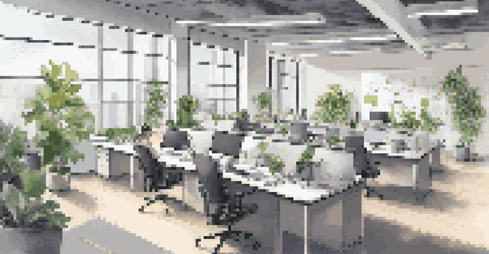 A bright and modern open office space with desks, laptops, and plants, illustrating a digital-first workplace.