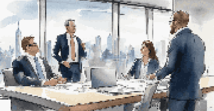 A business leader at a negotiation table with team members, showcasing a digital presentation and a city view.