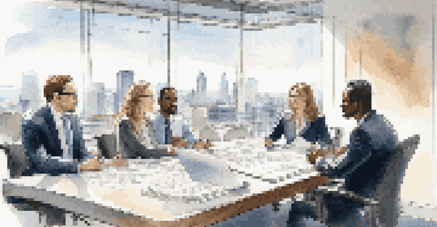A meeting room with diverse professionals discussing an employment contract, large windows with a city view, and contracts on the table.
