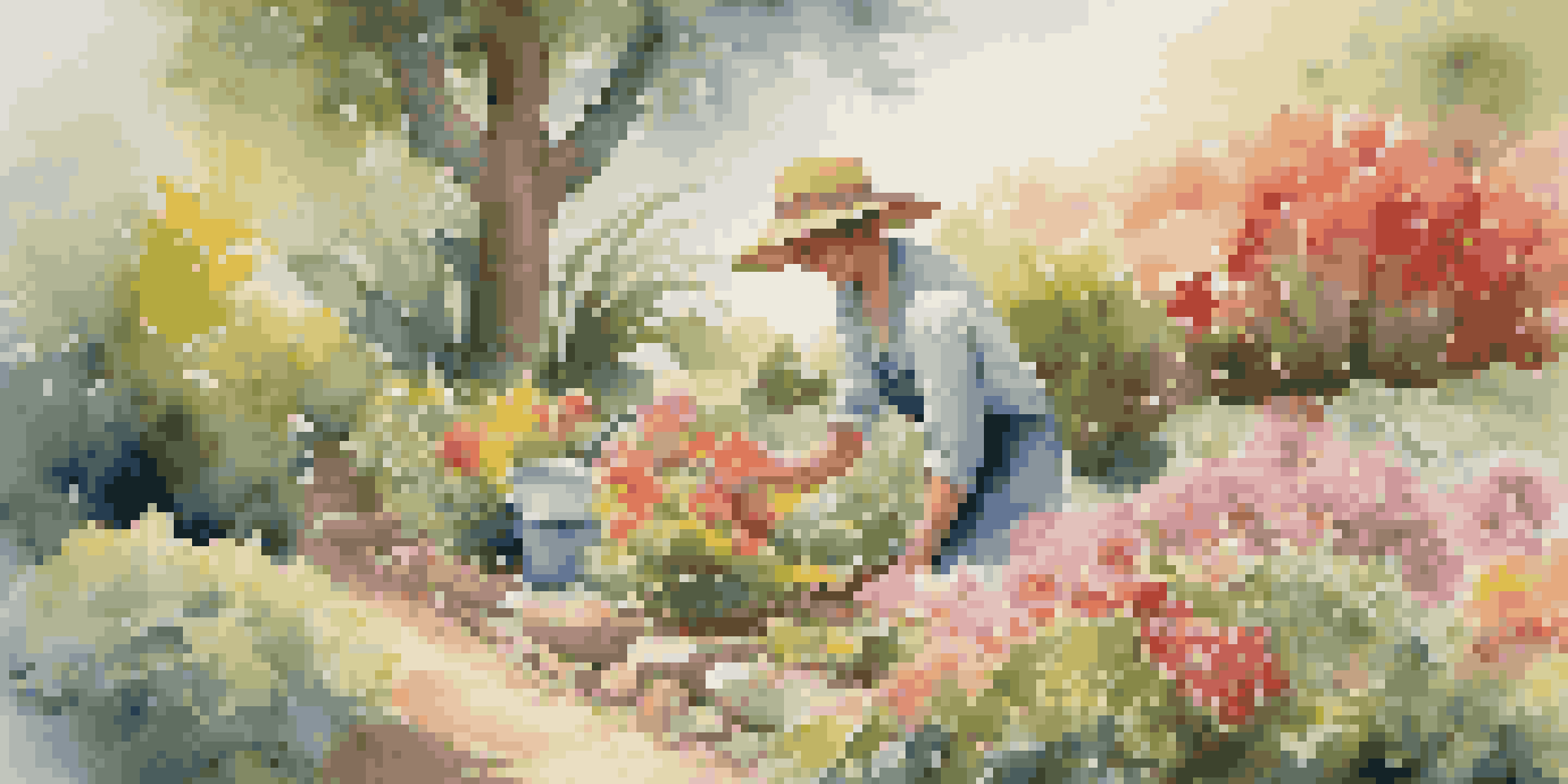 A gardener in a straw hat measuring colorful flowers in a sunlit garden, surrounded by greenery and a wooden tool nearby.