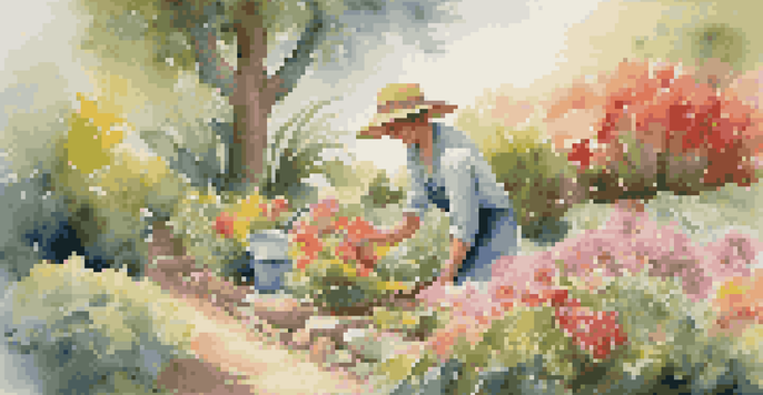 A gardener in a straw hat measuring colorful flowers in a sunlit garden, surrounded by greenery and a wooden tool nearby.