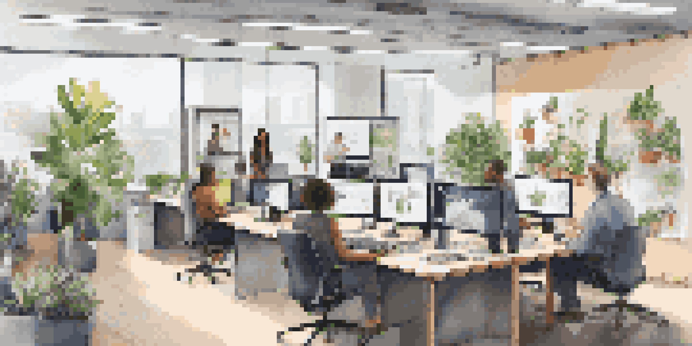 A group of diverse employees collaborating in a modern office during a video conference, surrounded by natural light and contemporary decor.