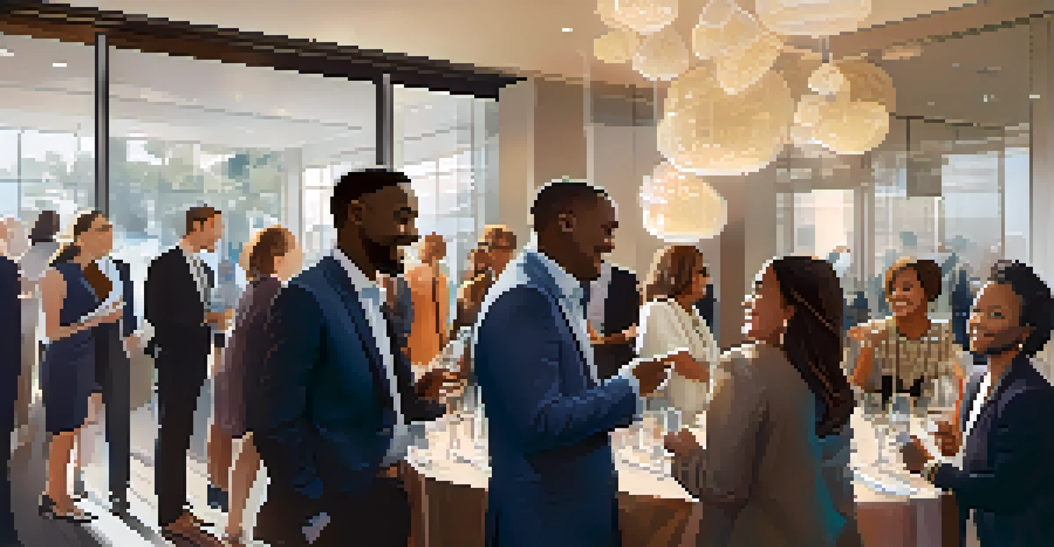 Professionals of diverse backgrounds engaging in conversations at a networking event, with modern decor and soft lighting.