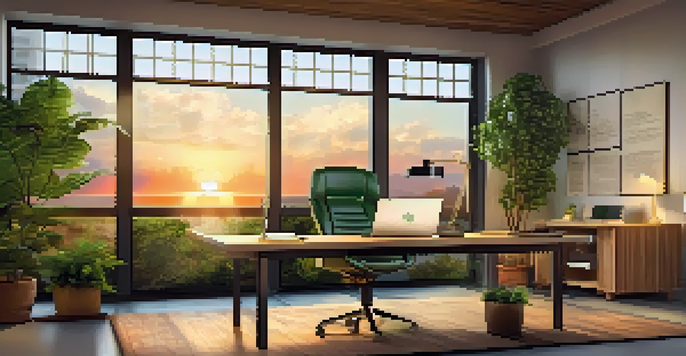 A cozy office space with a sunset view, featuring a wooden desk, laptop, notepad, and a coffee cup, illuminated by soft golden light.