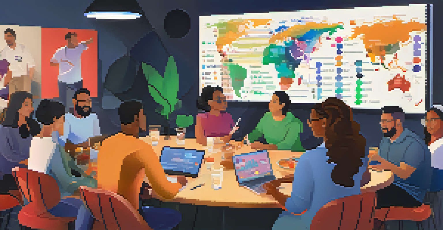 A diverse group of people at a community meetup, discussing podcasts with charts on a screen and food on the table.