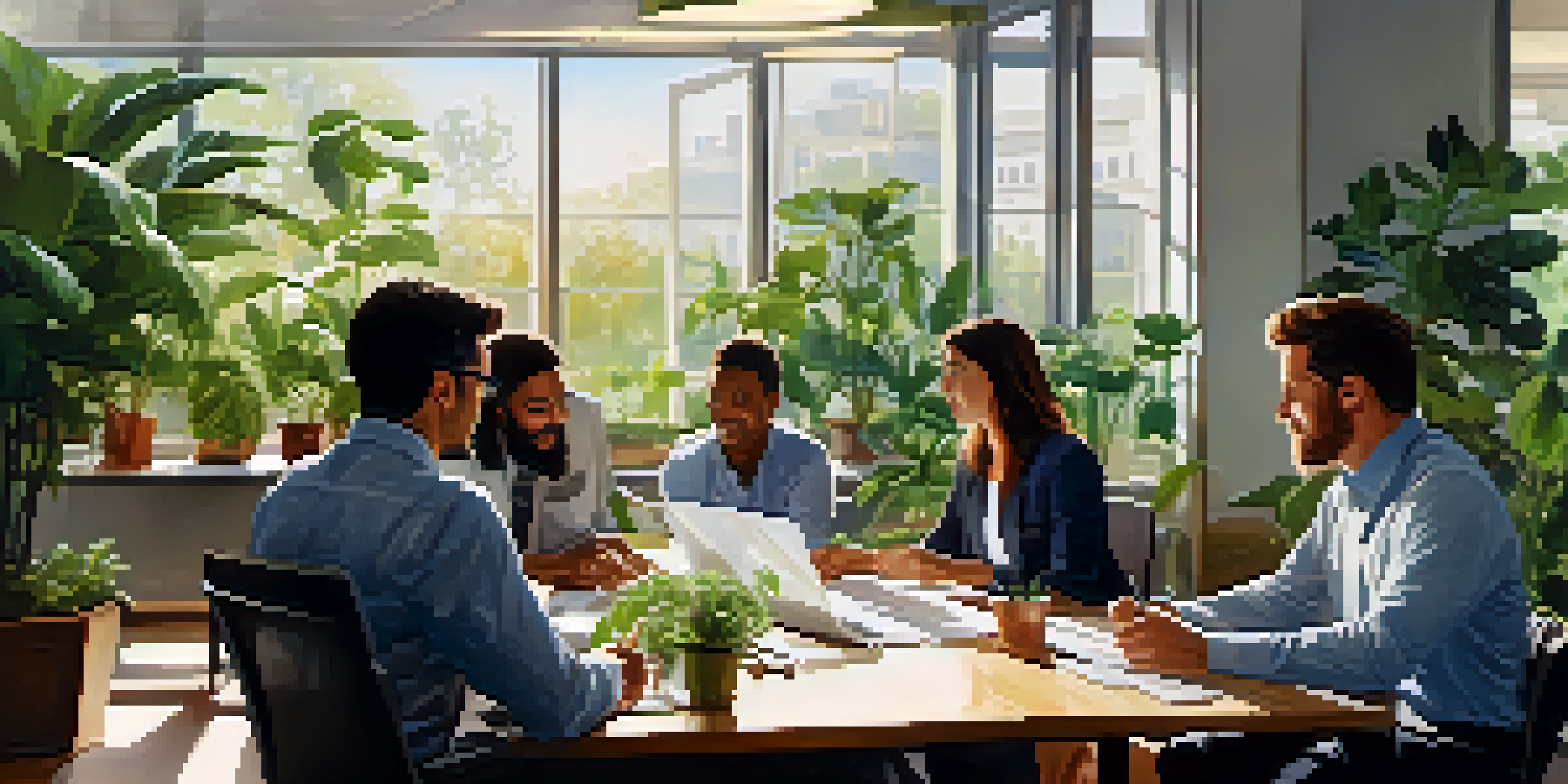 A diverse group of employees collaborating in a bright office with plants and large windows, creating a positive and engaging atmosphere.