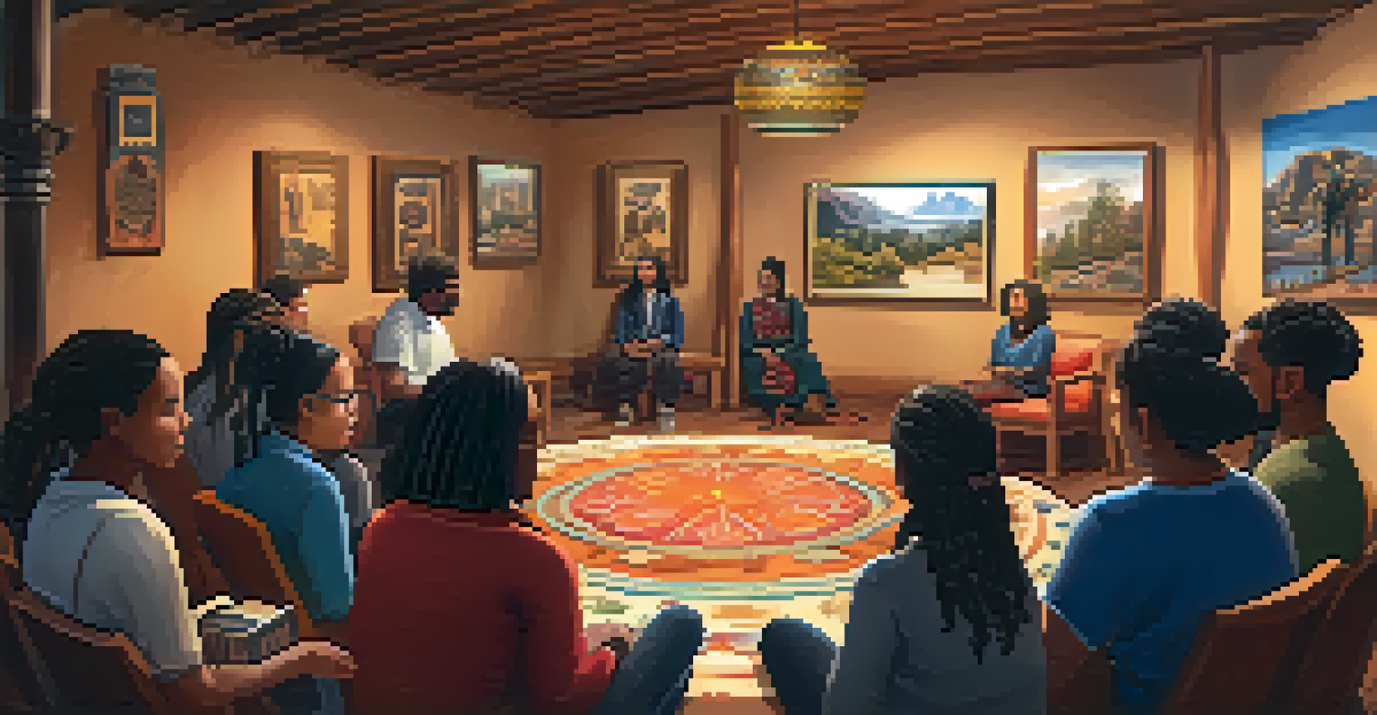 A leader conducting a cultural storytelling workshop with participants seated in a circle, sharing stories in a warm, inviting room.