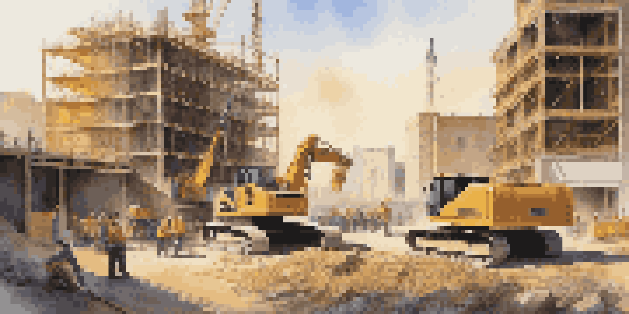 A busy construction site with workers using advanced machinery, illuminated by golden hour sunlight.