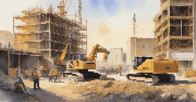 A busy construction site with workers using advanced machinery, illuminated by golden hour sunlight.