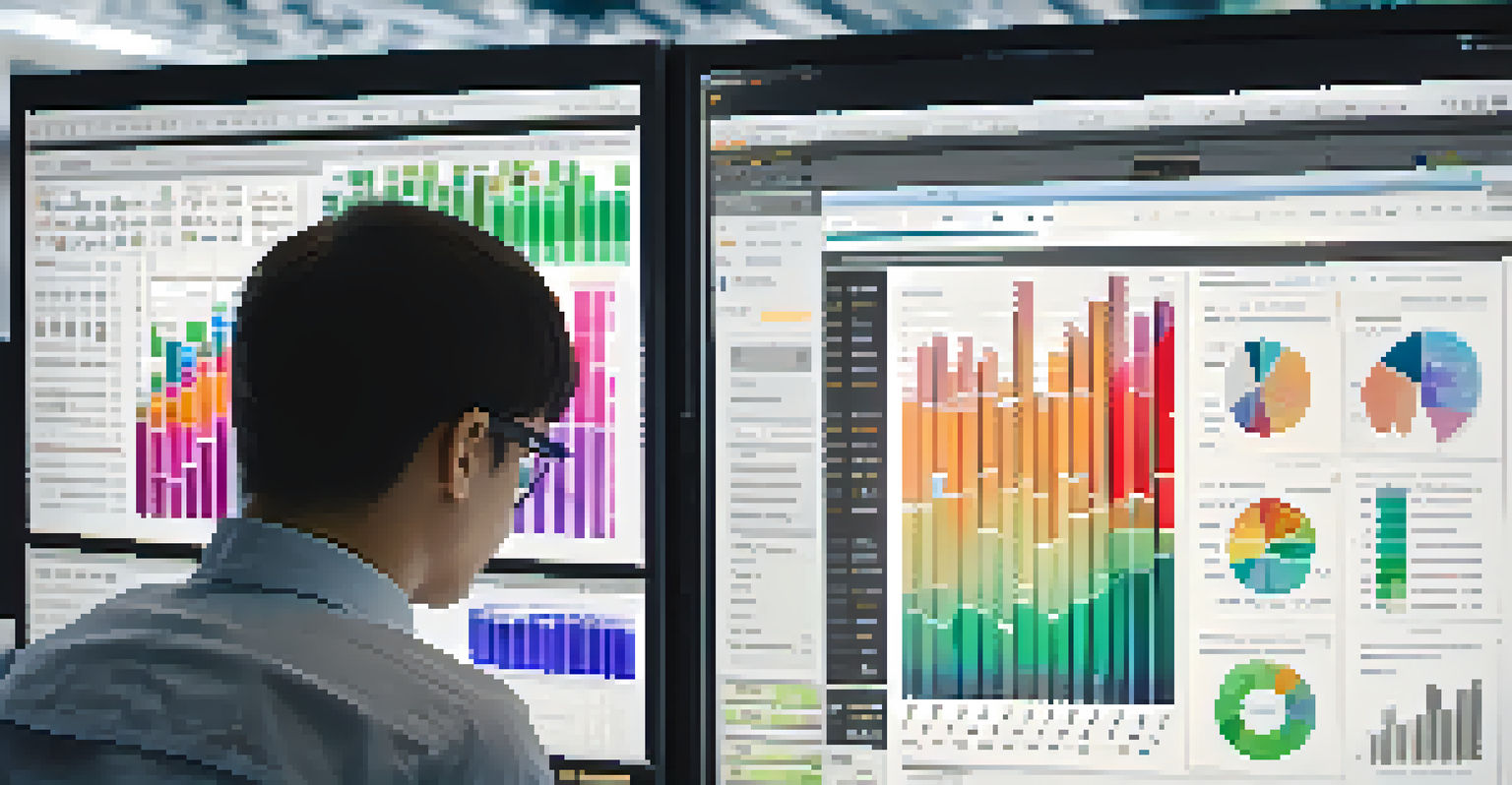 Close-up view of a computer screen showing colorful data analysis software with graphs and charts.