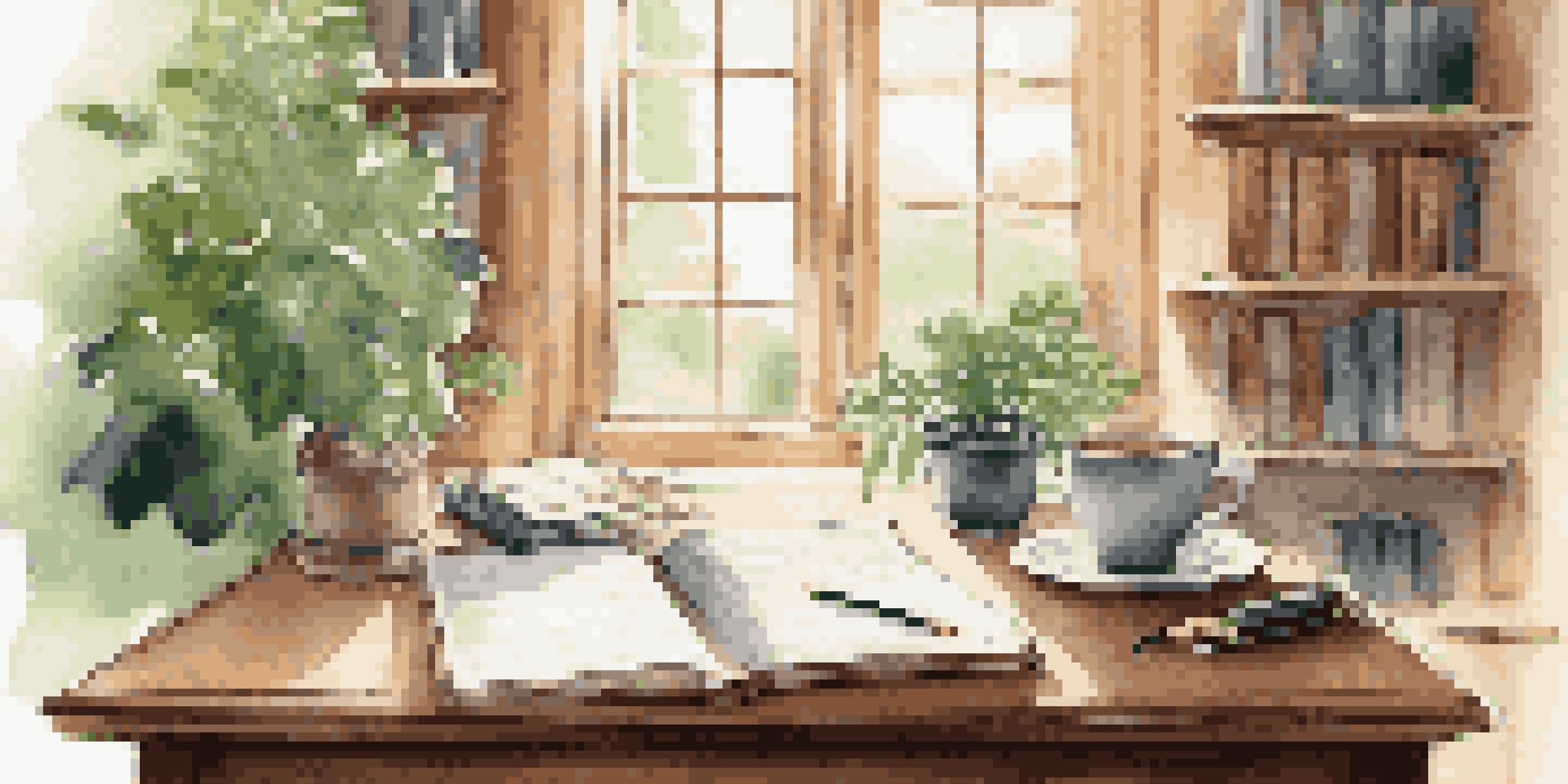 A cozy workspace with a journal, pen, and coffee, illuminated by natural light.