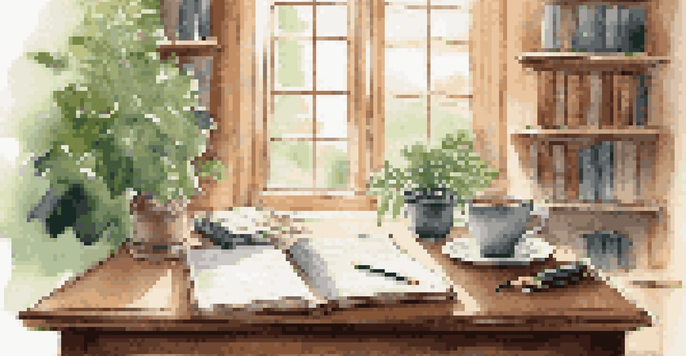 A cozy workspace with a journal, pen, and coffee, illuminated by natural light.