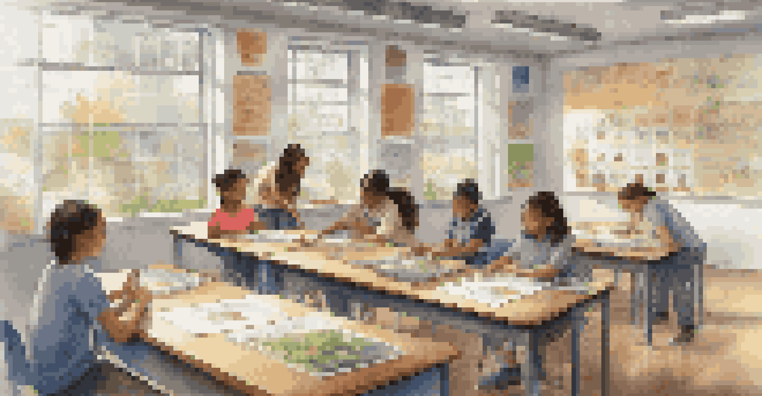 Students of different backgrounds participating in a hands-on learning activity in a classroom filled with educational posters.