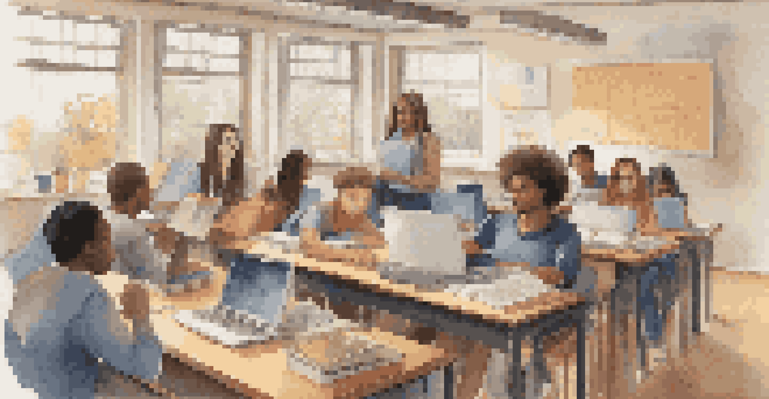 A diverse group of students in a virtual classroom, each on their laptops at home with textbooks and a teacher visible on the screen.