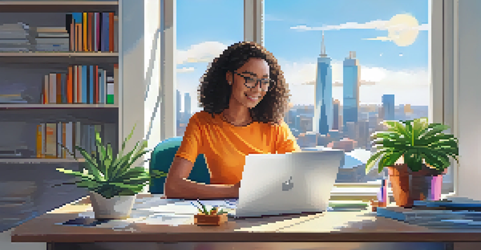 A young intern working diligently at a modern desk with a laptop and colorful office supplies, illuminated by soft natural light.
