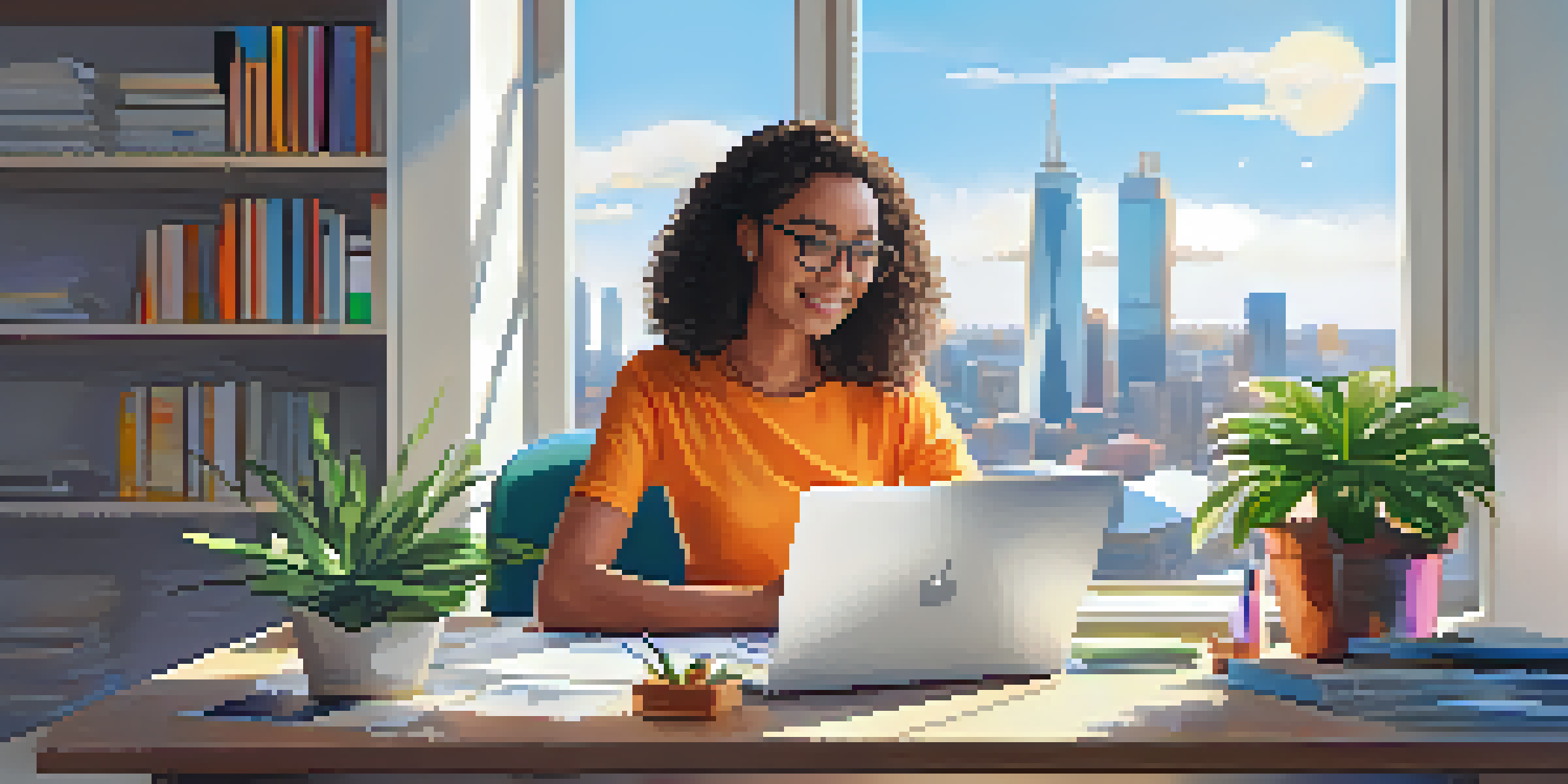 A young intern working diligently at a modern desk with a laptop and colorful office supplies, illuminated by soft natural light.