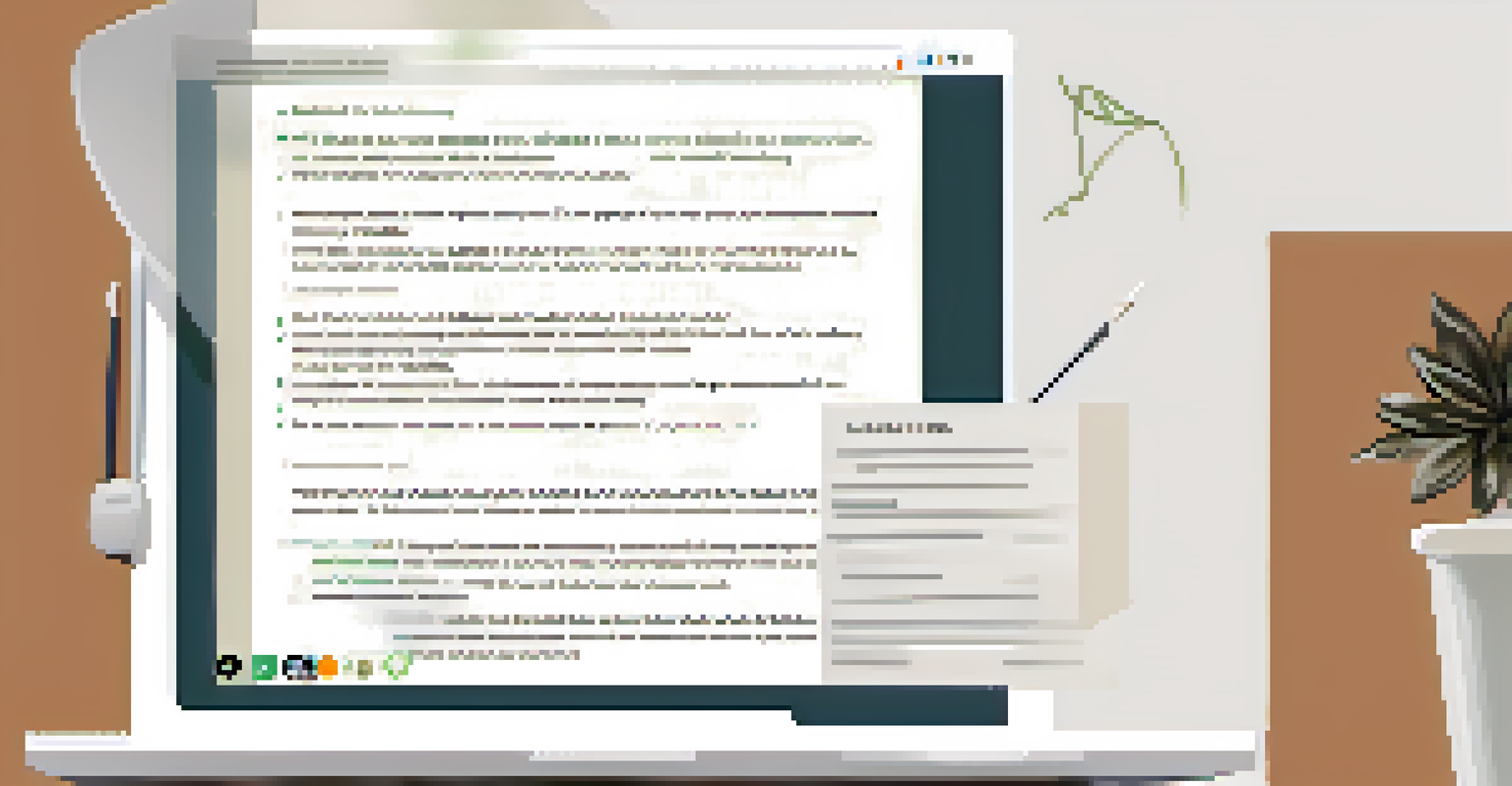 An overhead view of a structured email on a laptop, with bullet points and a friendly greeting, alongside a cup of tea.