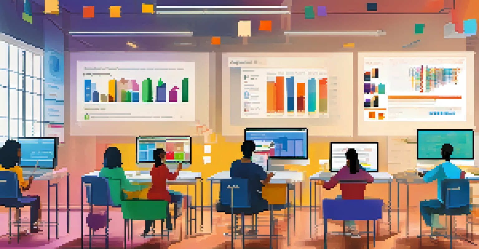 A digital classroom with diverse students learning on laptops, surrounded by colorful charts.