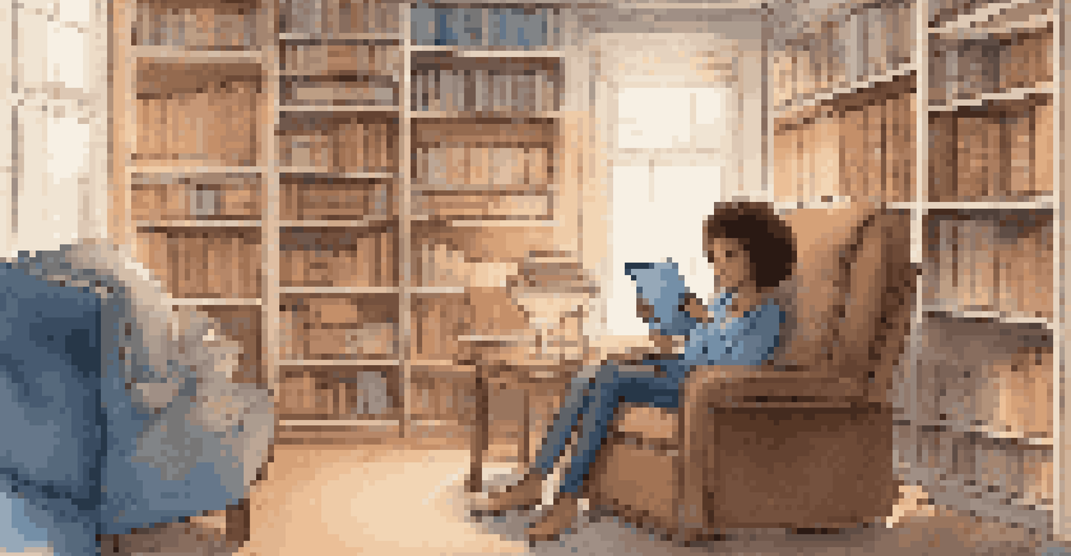 A person using a tablet in a cozy chair surrounded by books, engaging in an online course.