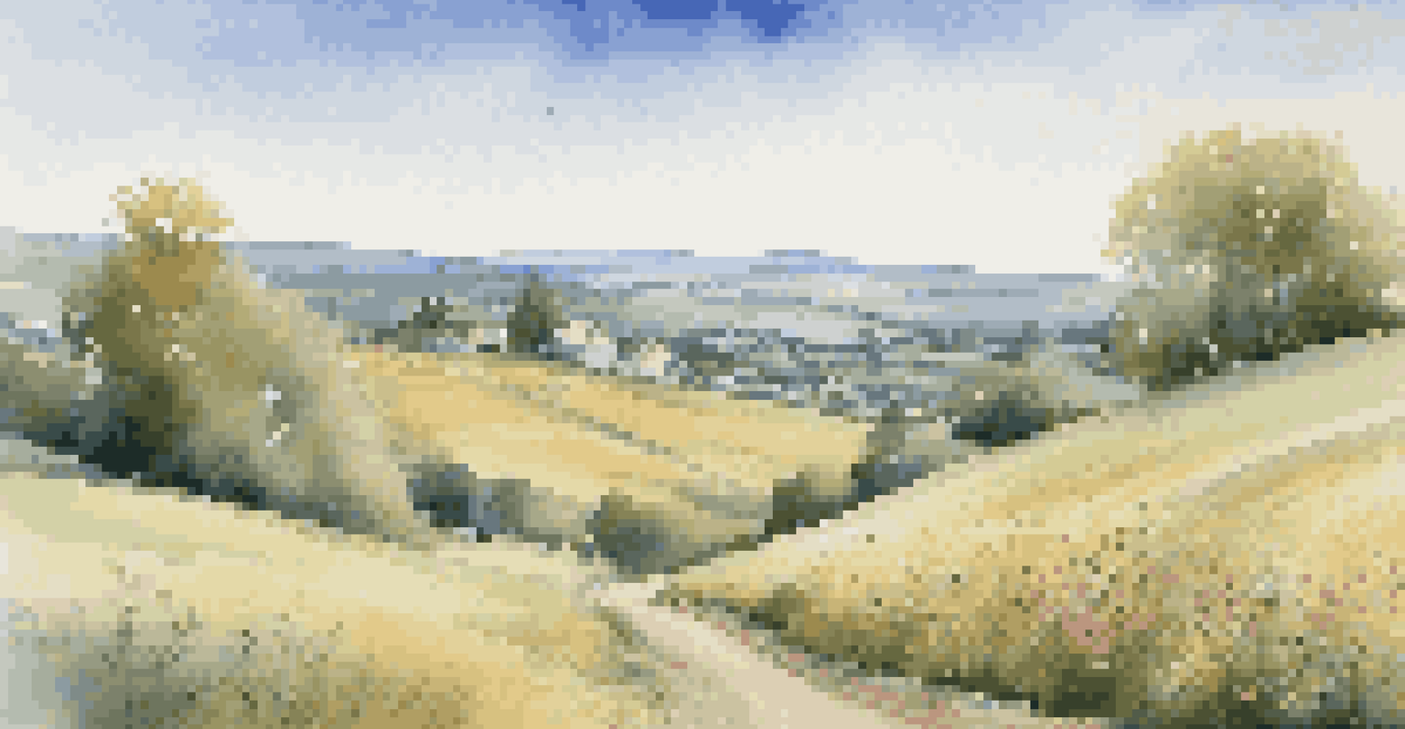 A beautiful rural landscape with rolling hills, blooming wildflowers, and a small town in the distance under a clear blue sky.