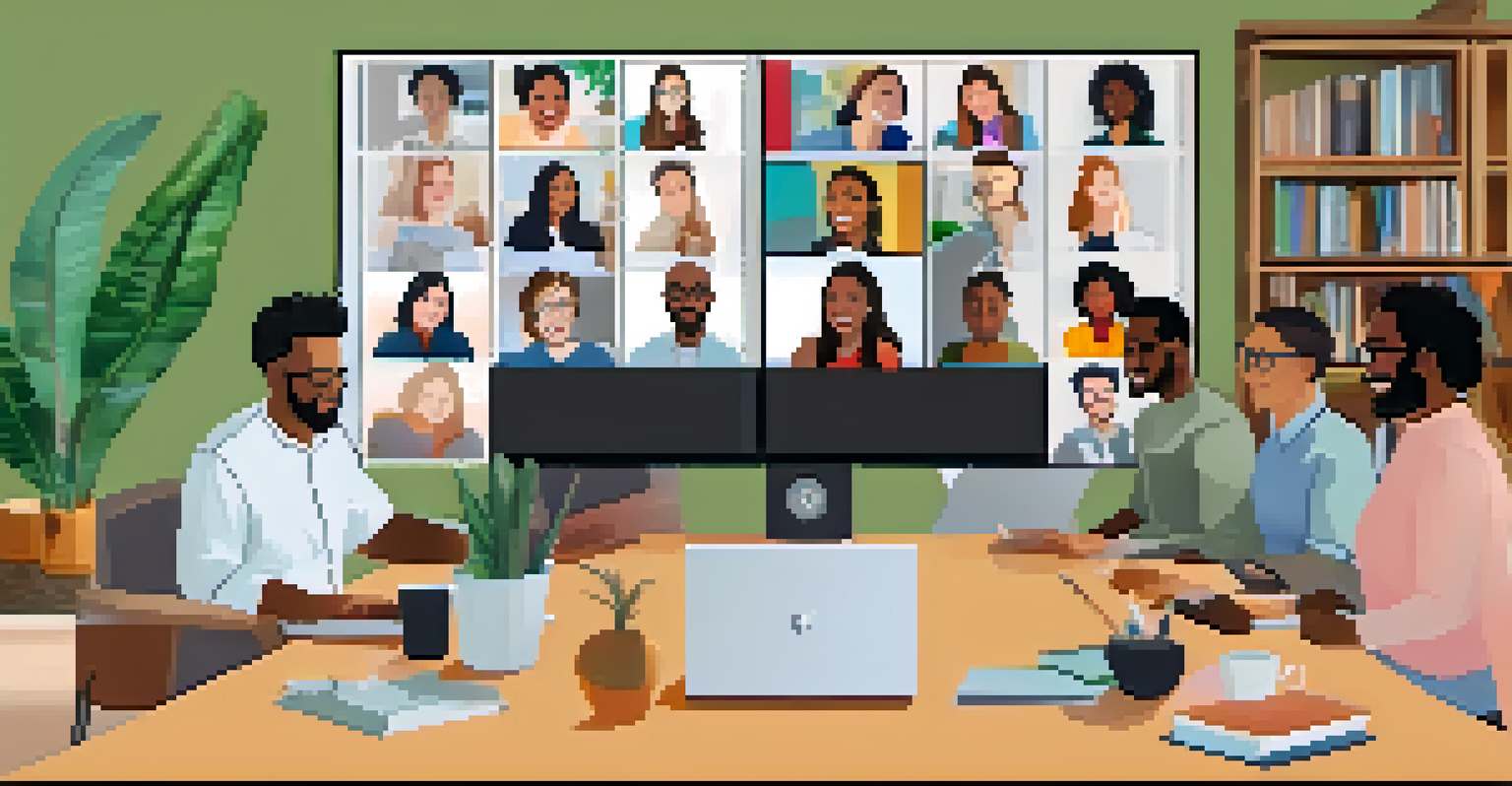 A computer screen displaying a virtual team meeting with diverse participants smiling and engaging.