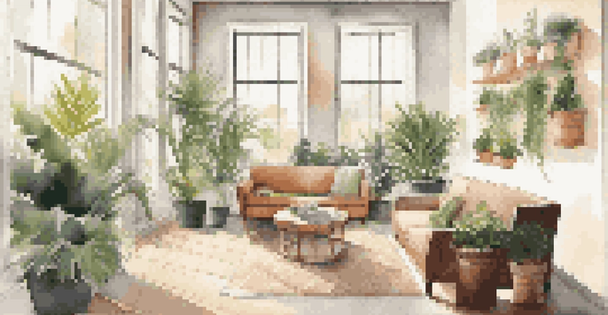 A cozy office break area with comfortable seating, soft lighting, and plants, illuminated by natural sunlight from a large window.