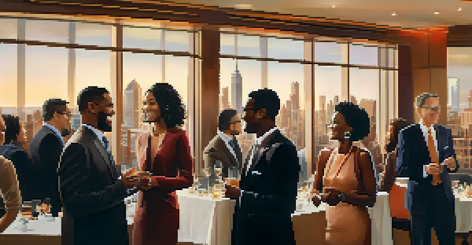 A professional networking event where diverse individuals are engaged in conversation, exchanging business cards, and smiling in a warm, inviting atmosphere.