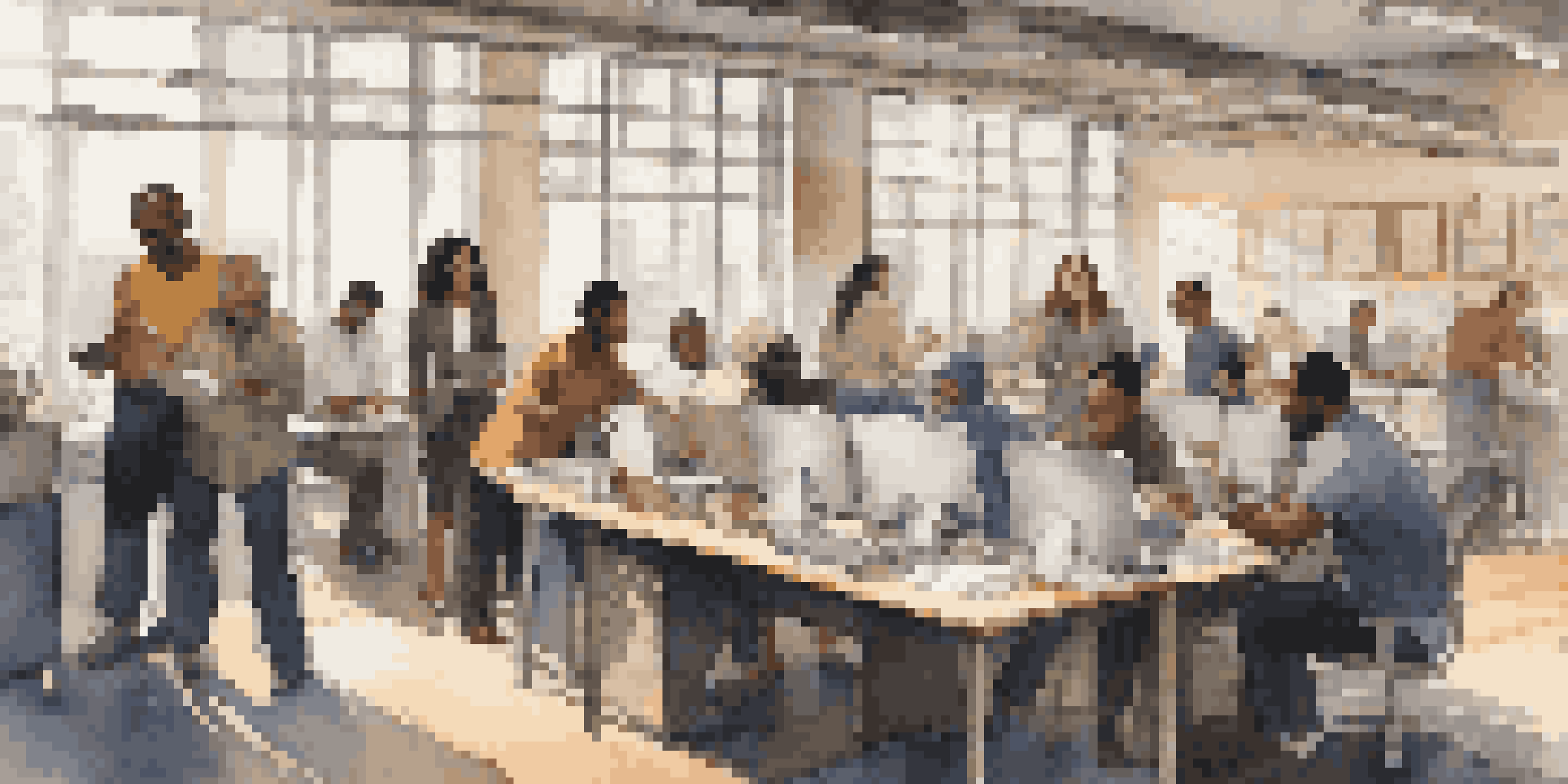 A diverse group of immigrants collaborating in a bright, modern office, surrounded by laptops and documents, showcasing teamwork.