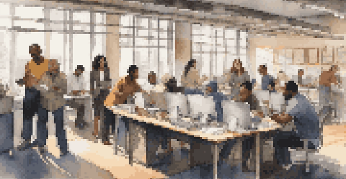 A diverse group of immigrants collaborating in a bright, modern office, surrounded by laptops and documents, showcasing teamwork.