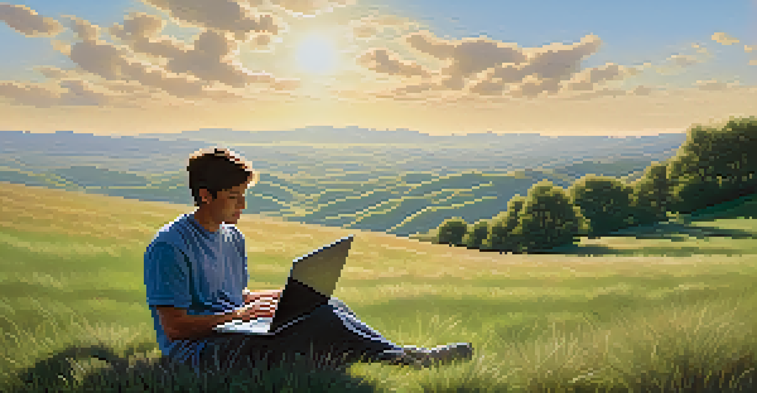 A person sitting on a grassy hill with a laptop, surrounded by nature, symbolizing adaptability.