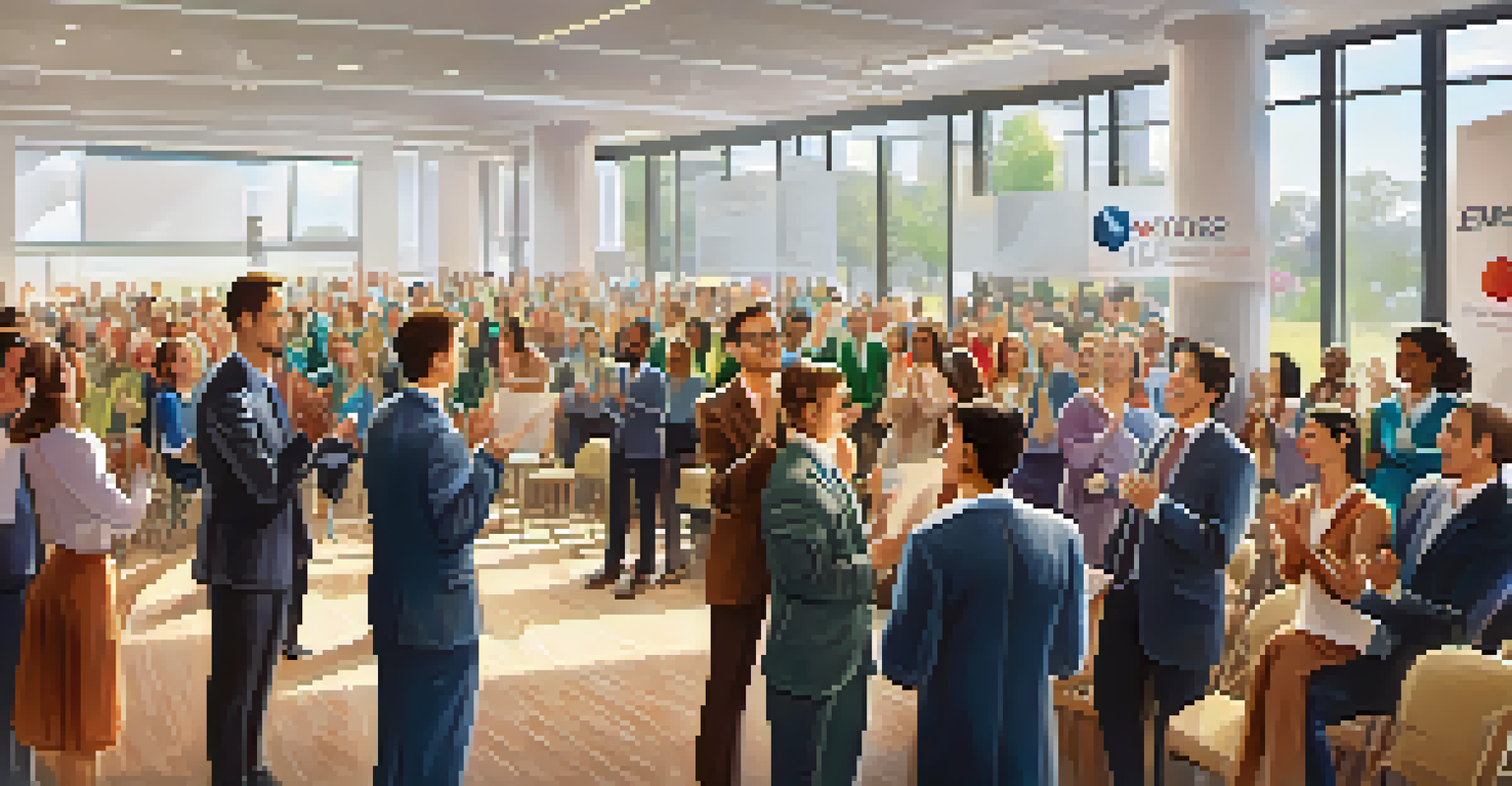 An employee recognition ceremony with applause and celebration, featuring a manager presenting an award to an employee in a festive environment.