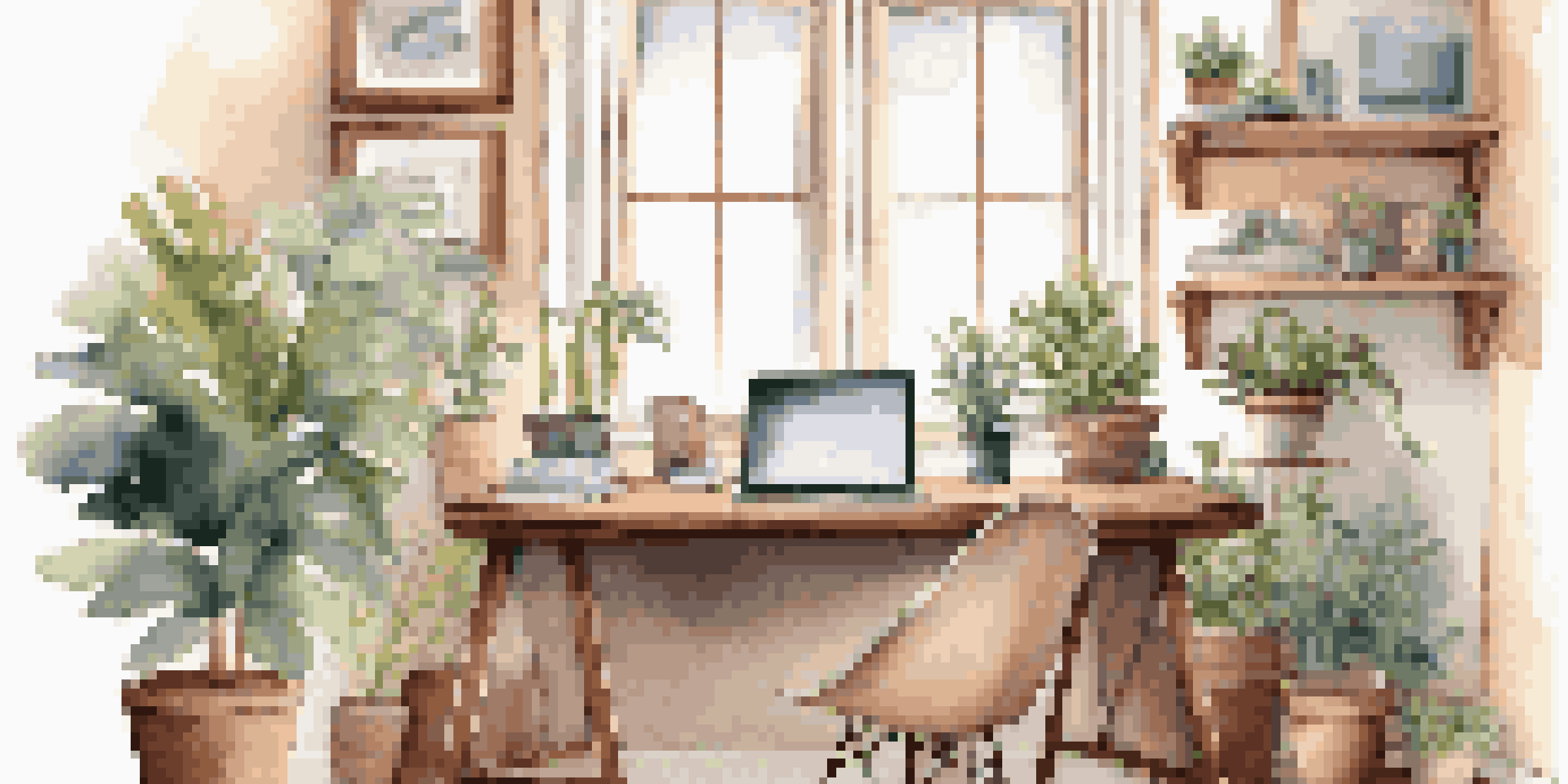 A warm and inviting home office with a desk, laptop, plants, and coffee, illuminated by natural light.