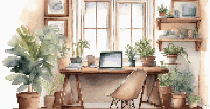 A warm and inviting home office with a desk, laptop, plants, and coffee, illuminated by natural light.