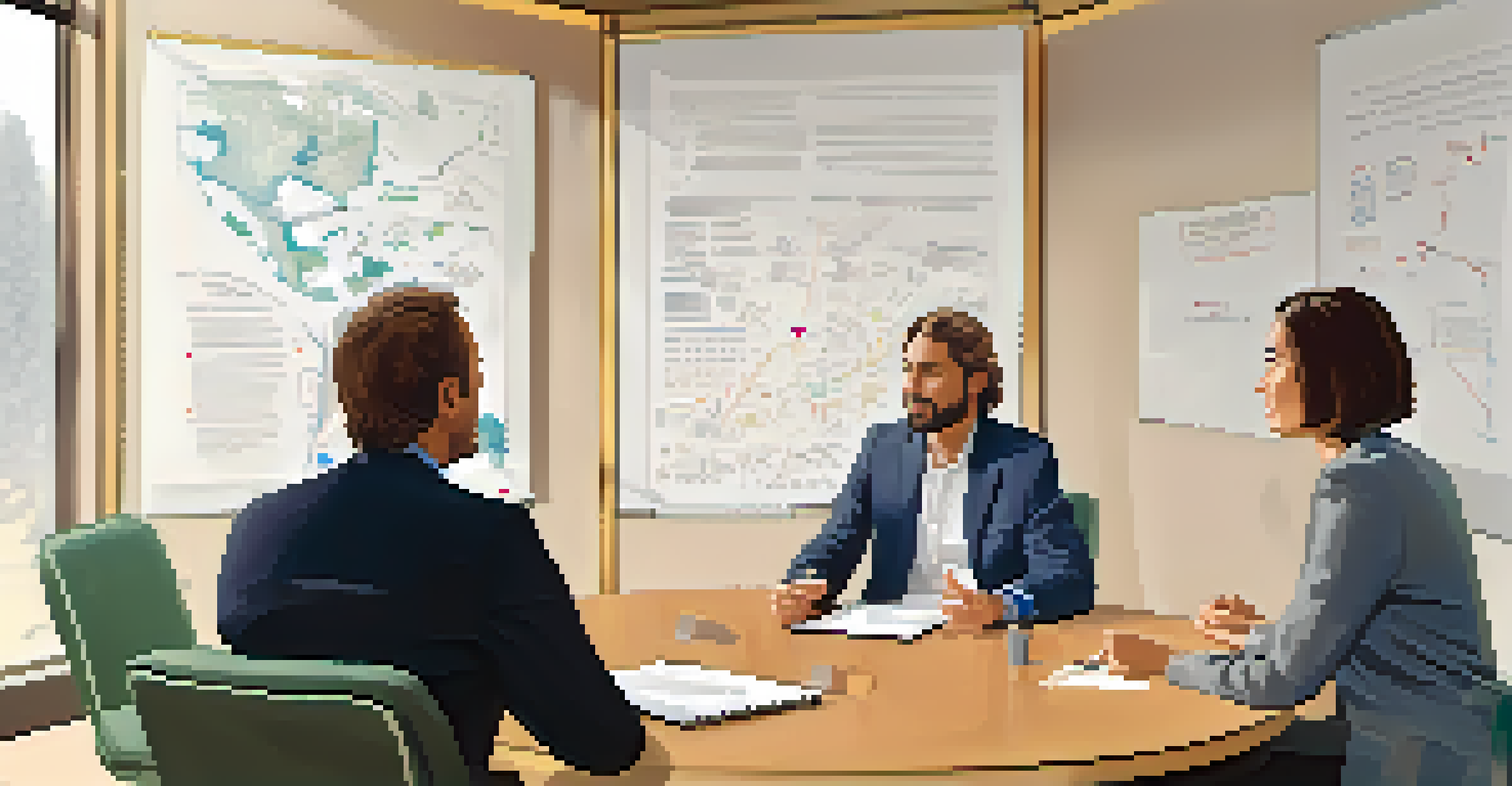 A mediator guiding a conflict resolution session between two colleagues in a calm and neutral office space.